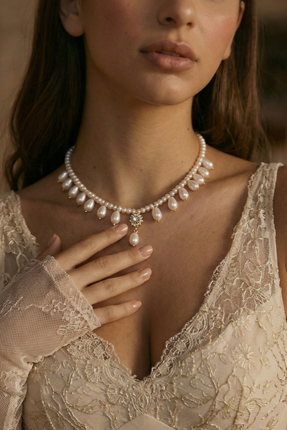 Victorian Pearl Fringe Necklace Regency Era Bridal Choker Gothic Romantic Jewelry