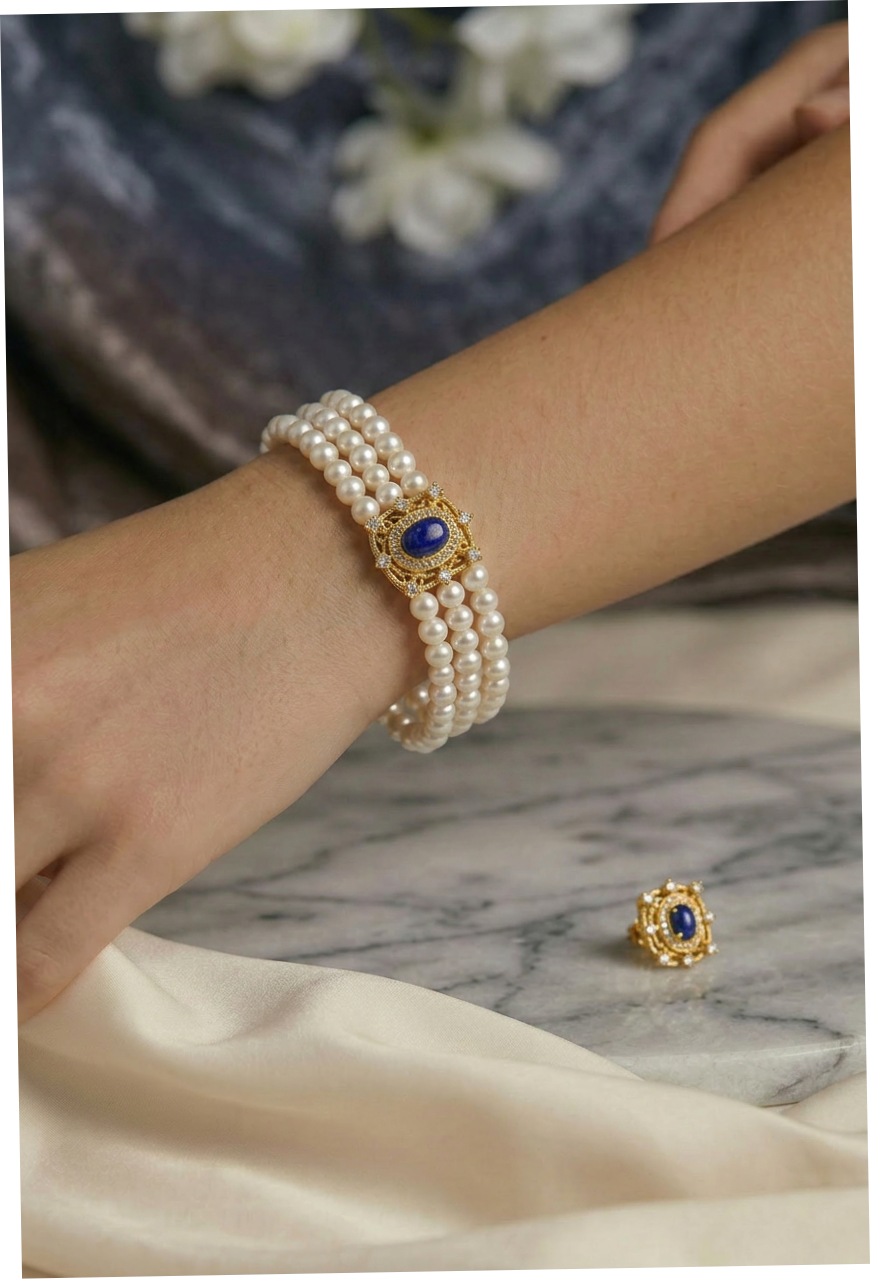 Victorian Triple Pearl Bracelet Regency Era Lapis Lazuli Jewelry Gothic Antique Style