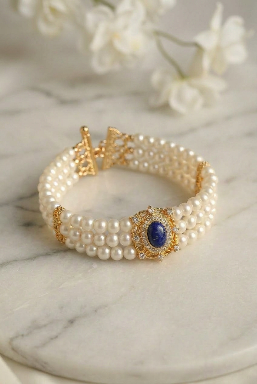 Victorian Triple Pearl Bracelet Regency Era Lapis Lazuli Jewelry Gothic Antique Style
