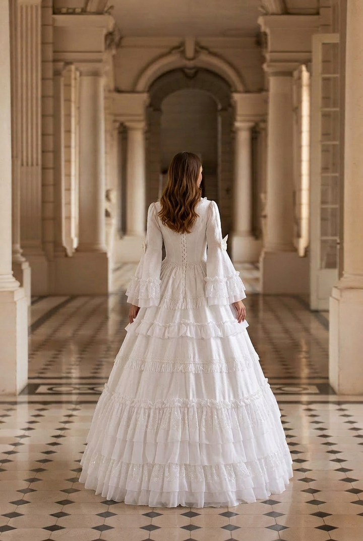 Victorian White Lace Wedding Dress - Tiered Ruffle Bridal Gown with Long Bell Sleeves - Square Neck Corset Dress Plus Size