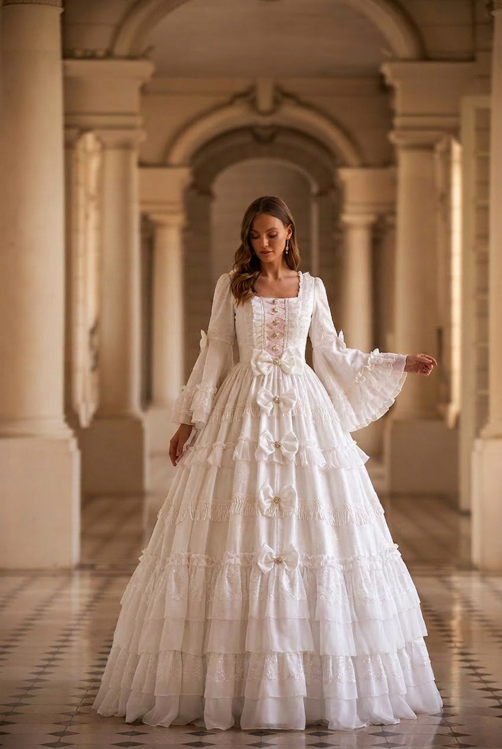 Victorian White Lace Wedding Dress - Tiered Ruffle Bridal Gown with Long Bell Sleeves - Square Neck Corset Dress Plus Size
