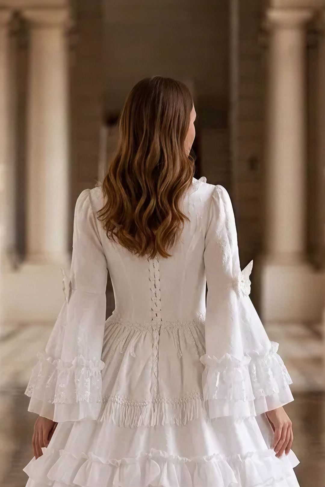Victorian White Lace Wedding Dress - Tiered Ruffle Bridal Gown with Long Bell Sleeves - Square Neck Corset Dress Plus Size