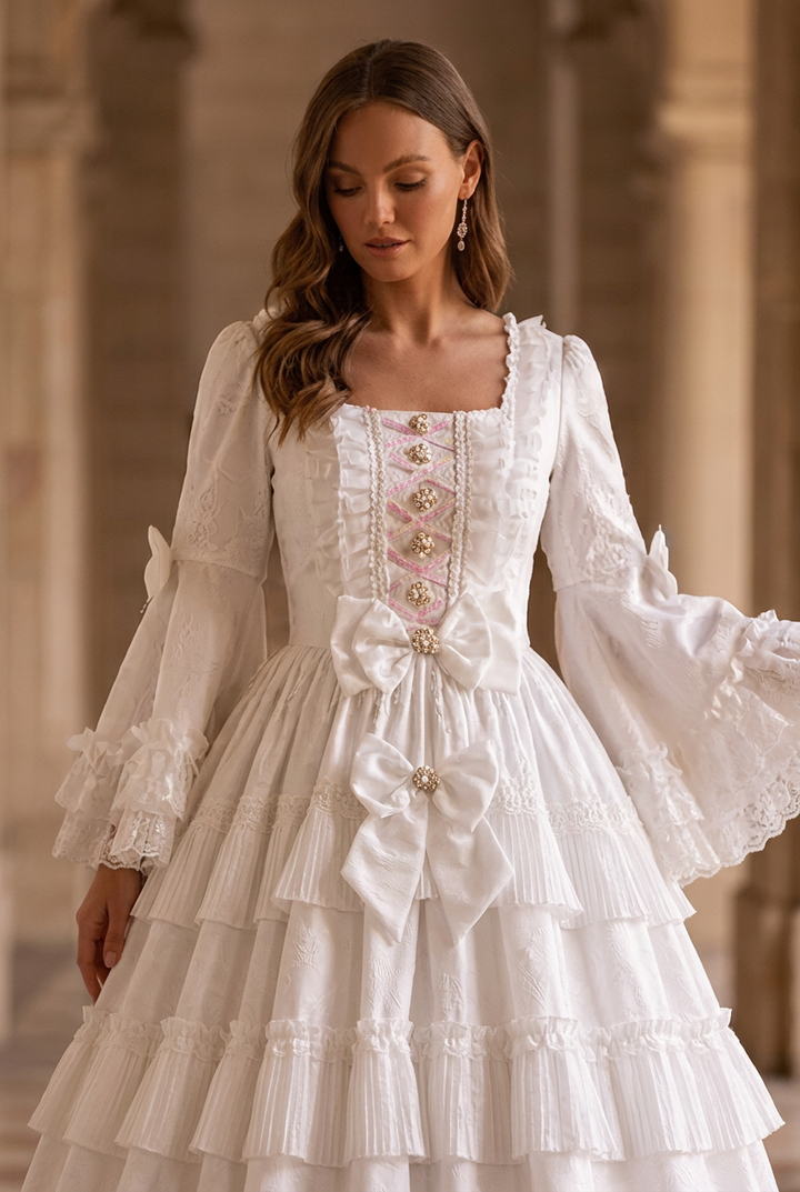 Victorian White Lace Wedding Dress - Tiered Ruffle Bridal Gown with Long Bell Sleeves - Square Neck Corset Dress Plus Size