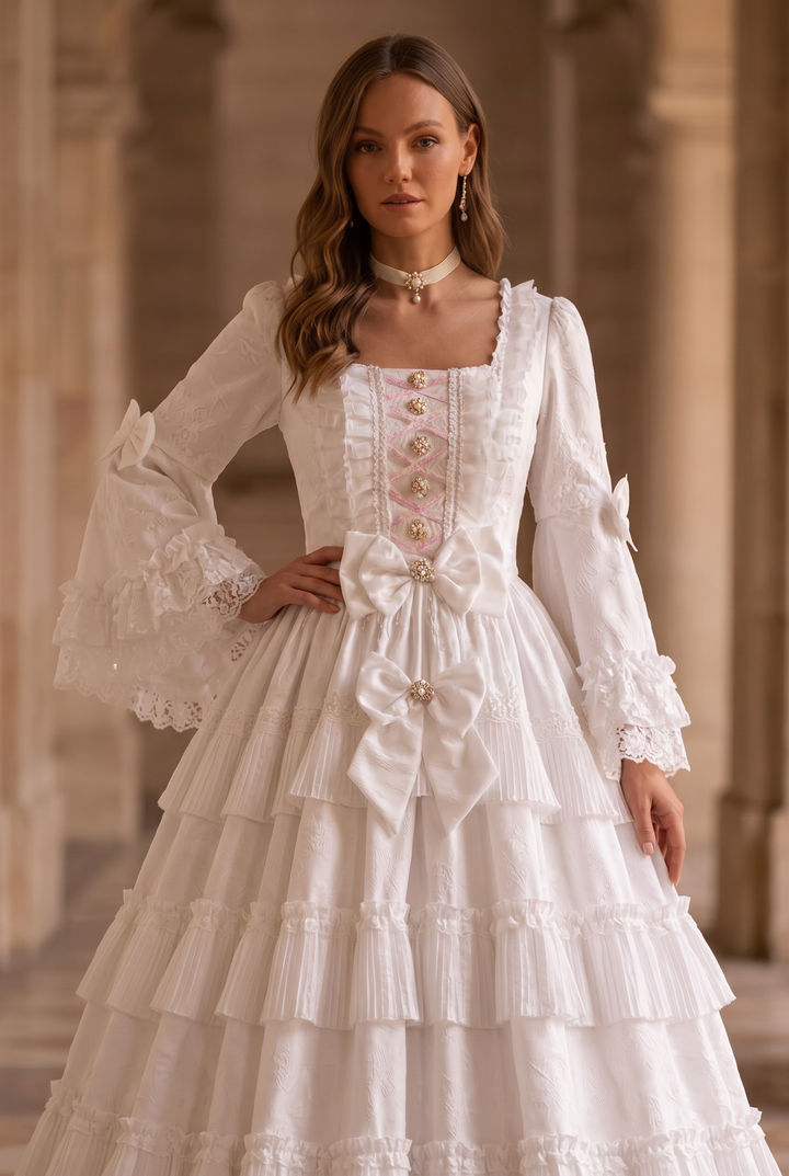 Victorian White Lace Wedding Dress - Tiered Ruffle Bridal Gown with Long Bell Sleeves - Square Neck Corset Dress Plus Size