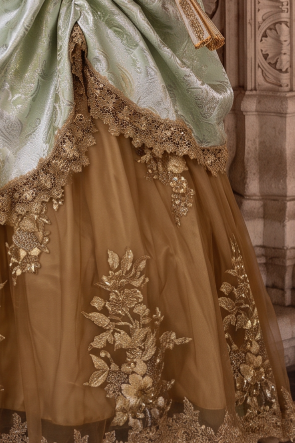 Victorian Golden Ball Gown in Radiance – Rococo Style Dress with Luxe Embroidery and Lustrous Fabric Plus Size