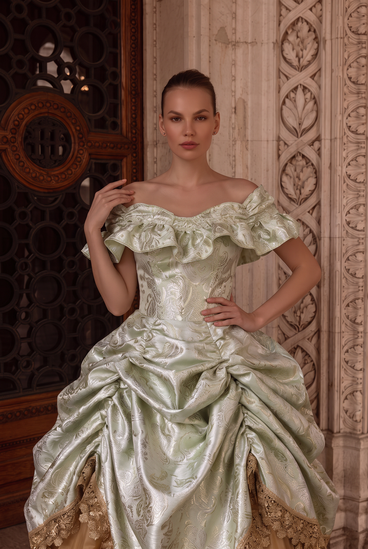 Victorian Golden Ball Gown in Radiance – Rococo Style Dress with Luxe Embroidery and Lustrous Fabric Plus Size