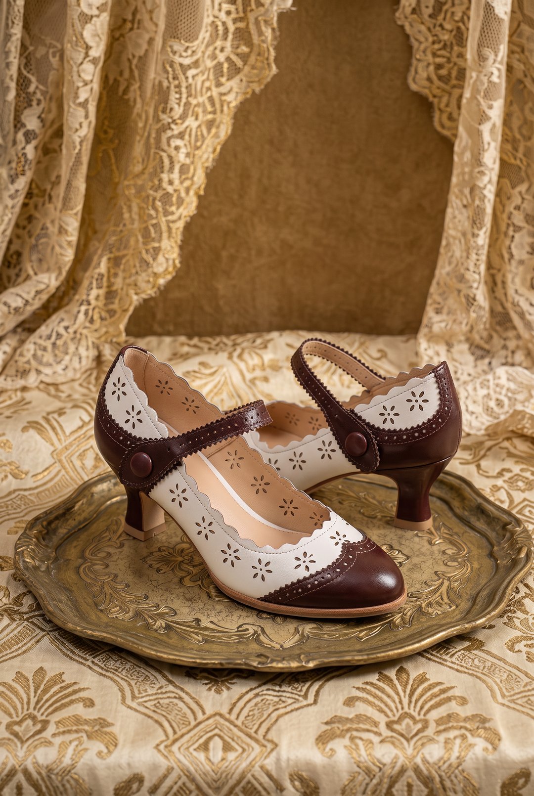 Vintage-Inspired Handmade French Victorian Ivory & Brown Brogue Mary Jane Heels