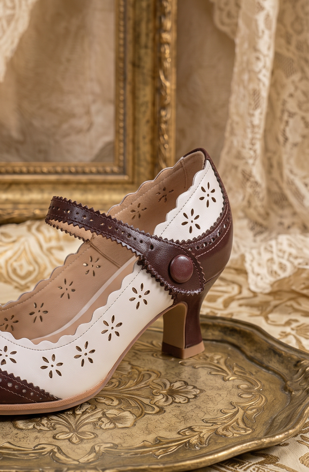 Vintage-Inspired Handmade French Victorian Ivory & Brown Brogue Mary Jane Heels