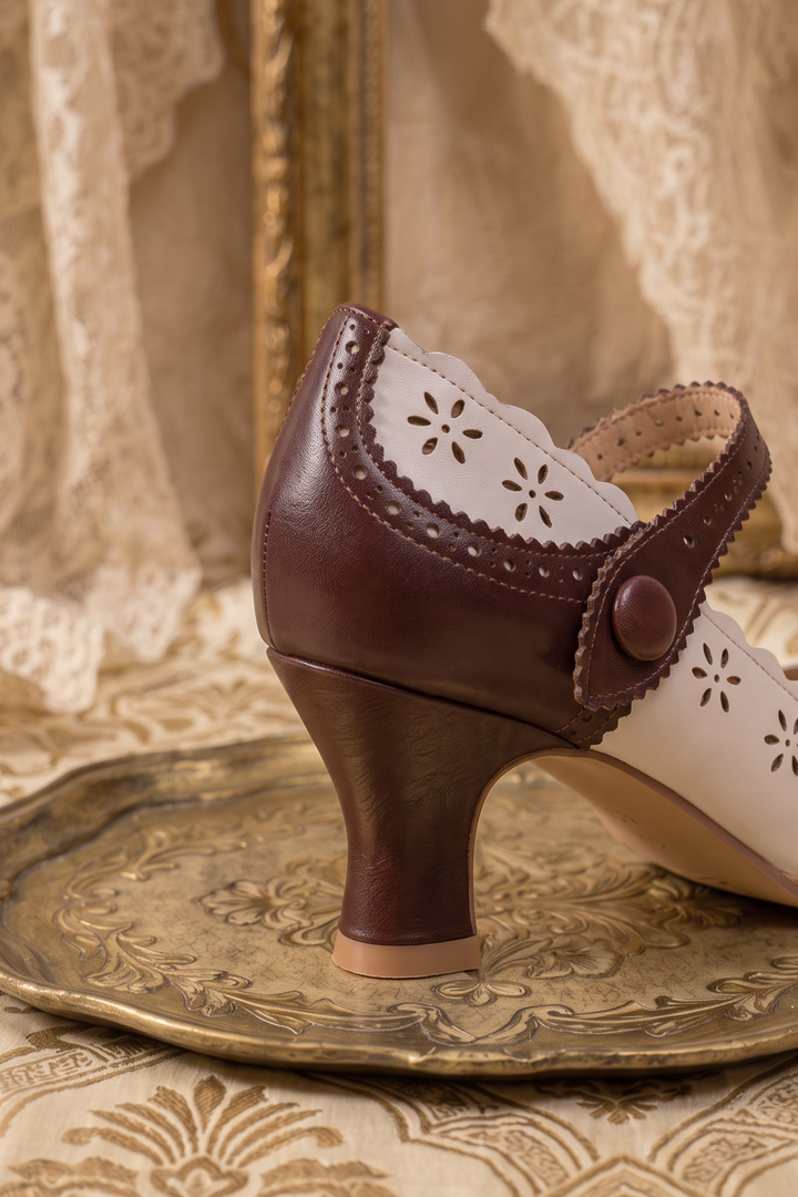 Vintage-Inspired Handmade French Victorian Ivory & Brown Brogue Mary Jane Heels