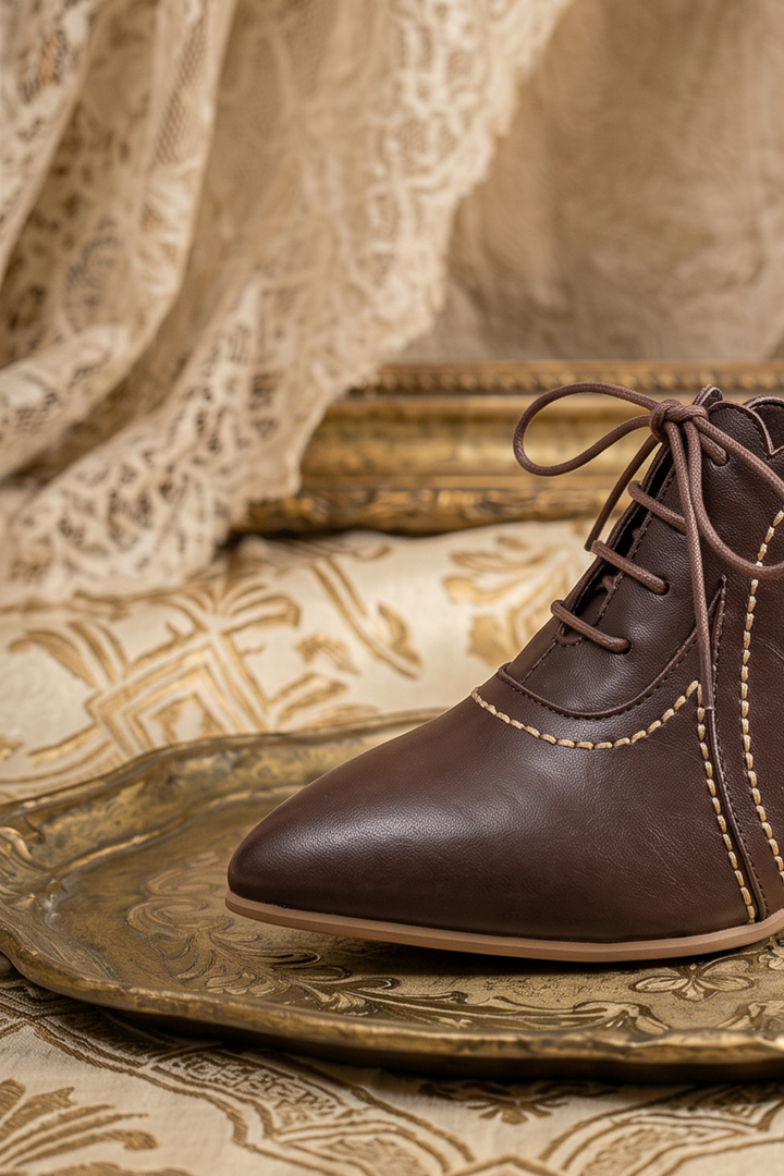 Vintage-Inspired Handmade Neo-Victorian Brown Calfskin Cutout Lace-Up Heels