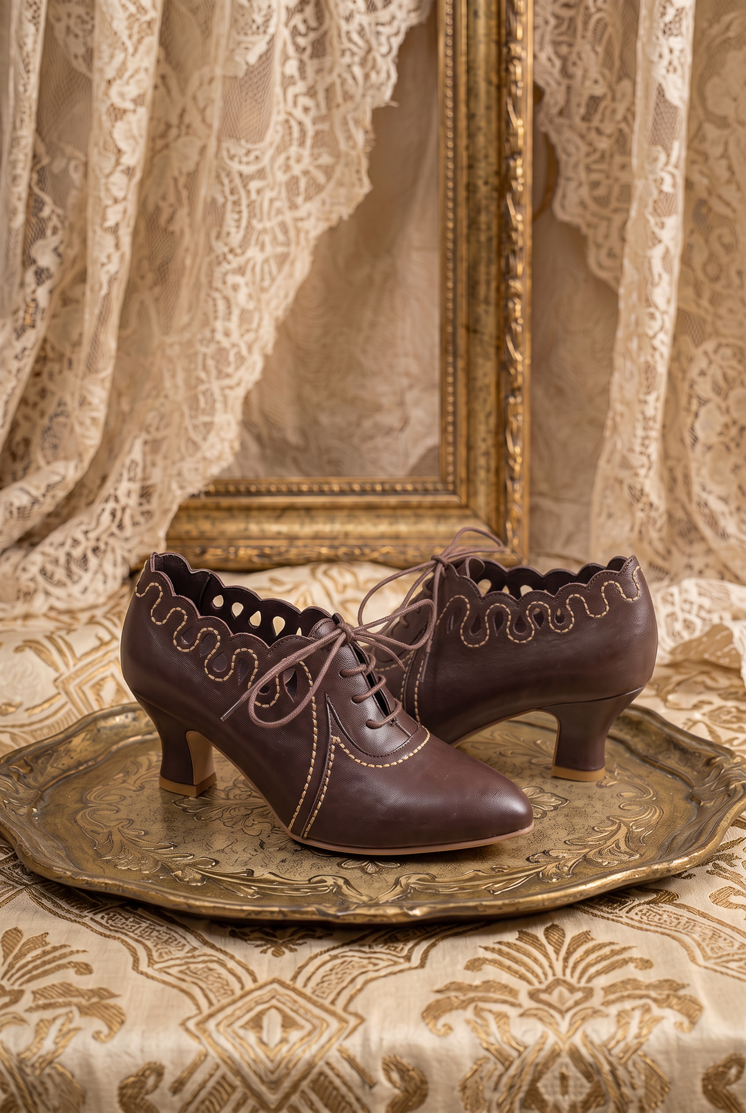 Vintage-Inspired Handmade Neo-Victorian Brown Calfskin Cutout Lace-Up Heels