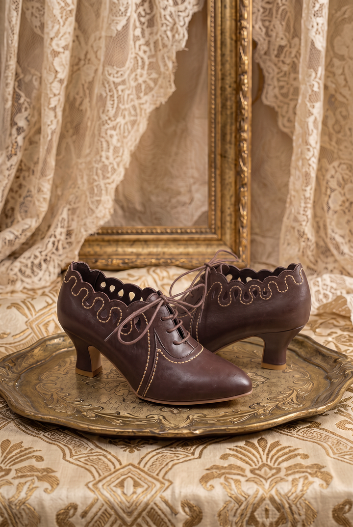 Vintage-Inspired Handmade Neo-Victorian Brown Calfskin Cutout Lace-Up Heels