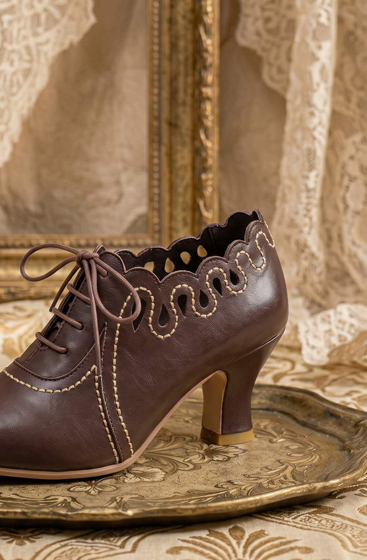 Vintage-Inspired Handmade Neo-Victorian Brown Calfskin Cutout Lace-Up Heels