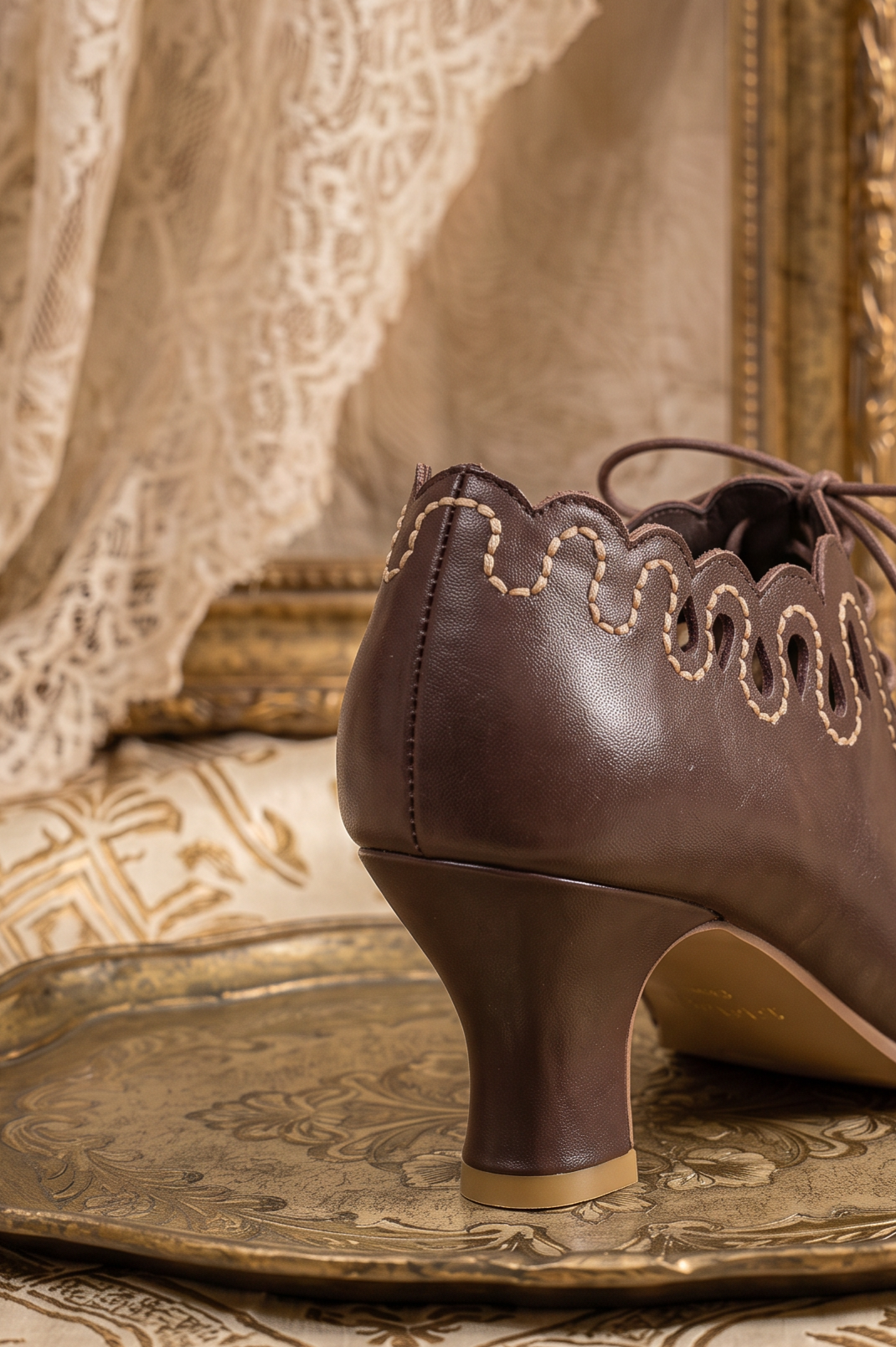 Vintage-Inspired Handmade Neo-Victorian Brown Calfskin Cutout Lace-Up Heels