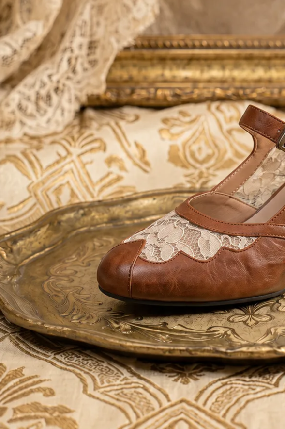 Vintage-Inspired Handmade Victorian French Brown Leather Lace Mary Jane Heels