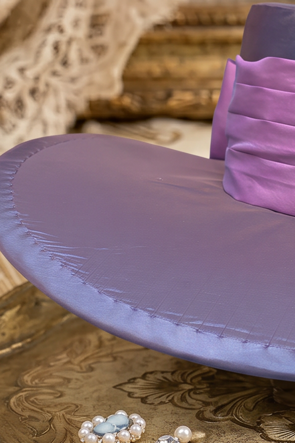 Vintage-Inspired Victorian Wide-Brim Feather Hat with Satin Ribbon Bow – Purple &amp; Lilac Statement Hat