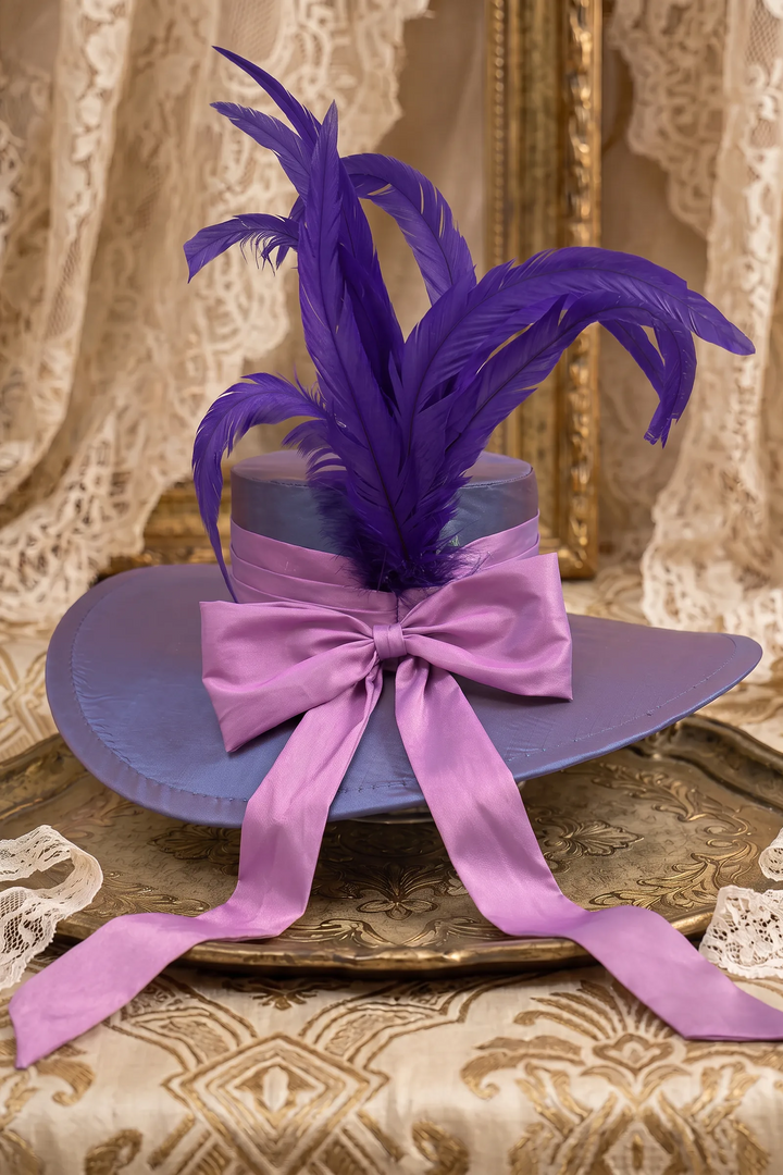 Vintage-Inspired Victorian Wide-Brim Feather Hat with Satin Ribbon Bow – Purple &amp; Lilac Statement Hat