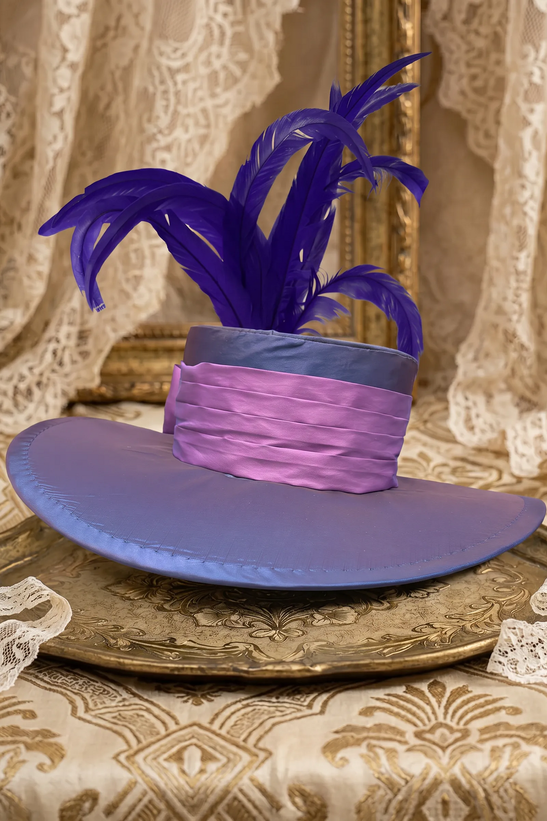 Vintage-Inspired Victorian Wide-Brim Feather Hat with Satin Ribbon Bow – Purple &amp; Lilac Statement Hat