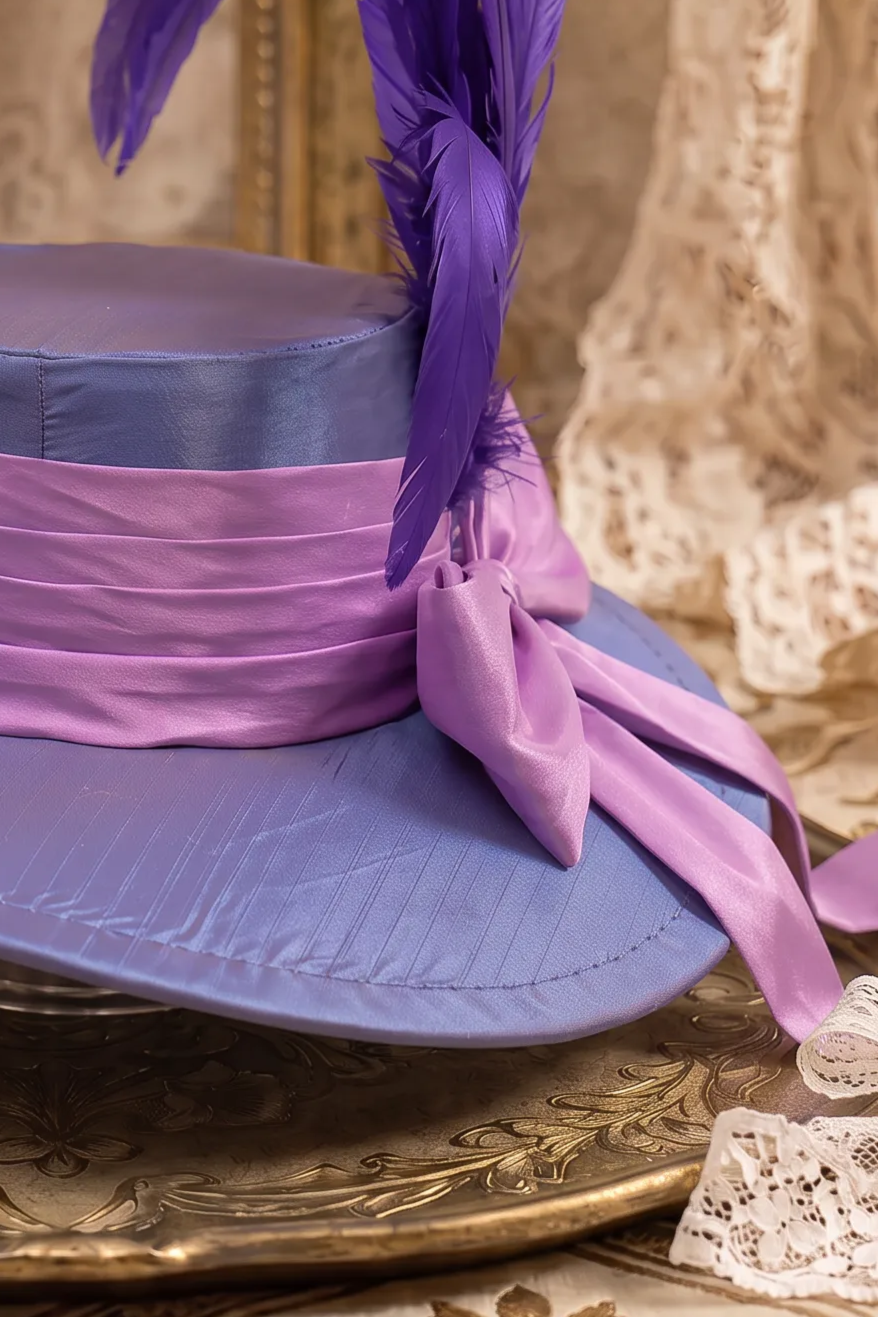 Vintage-Inspired Victorian Wide-Brim Feather Hat with Satin Ribbon Bow – Purple &amp; Lilac Statement Hat