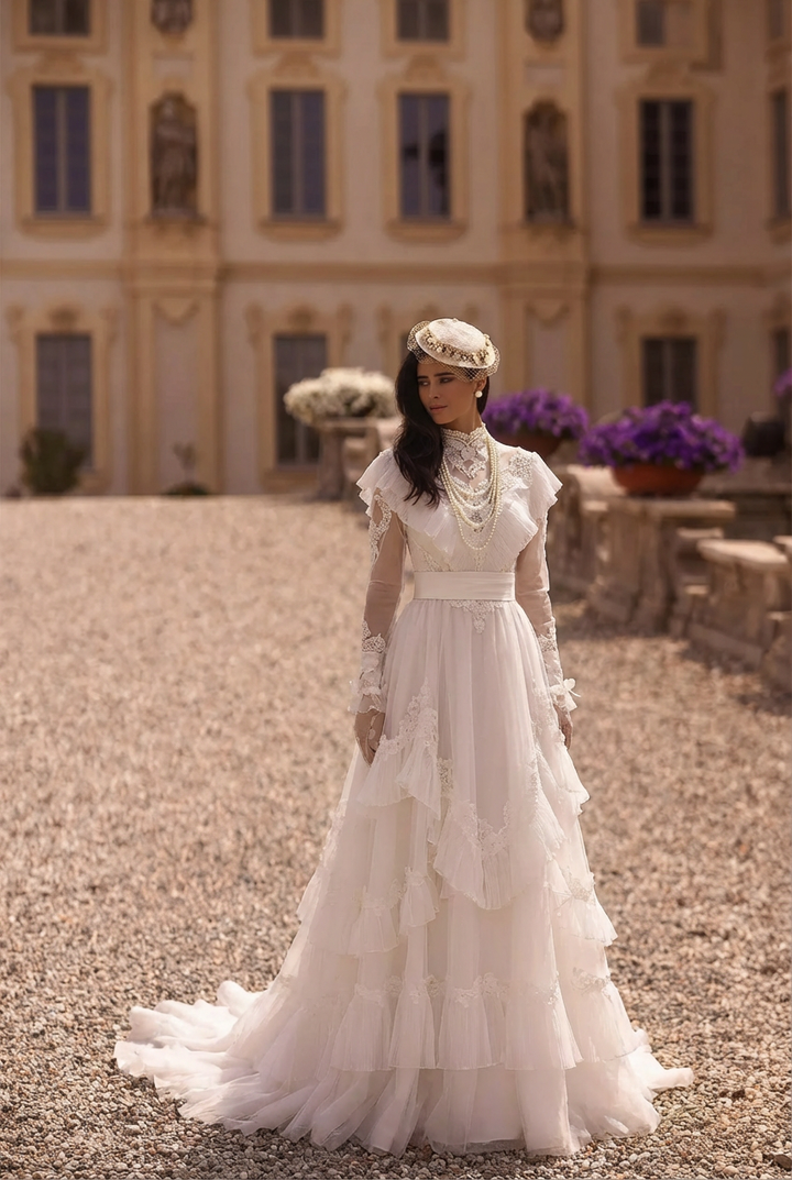 White Modest Lace Wedding Dress  - Vintage Victorian Wedding Dress - Gunne Sax Inspired
