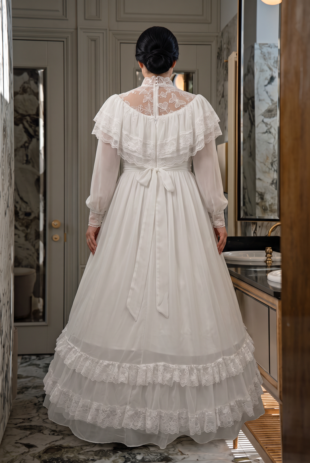 Vintage Gunne Sax Inspired Victorian White Chiffon Maxi Dress with Lace Ruffle Collar Puff Sleeves Plus Size