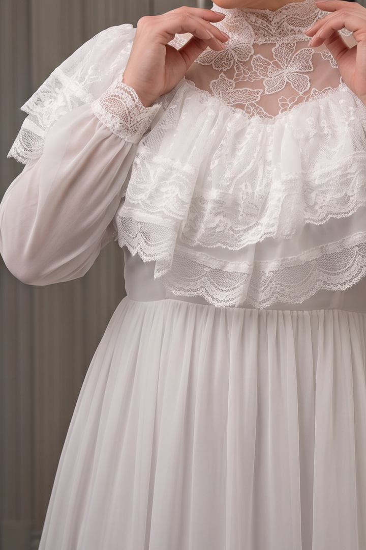 Vintage Gunne Sax Inspired Victorian White Chiffon Maxi Dress with Lace Ruffle Collar Puff Sleeves Plus Size