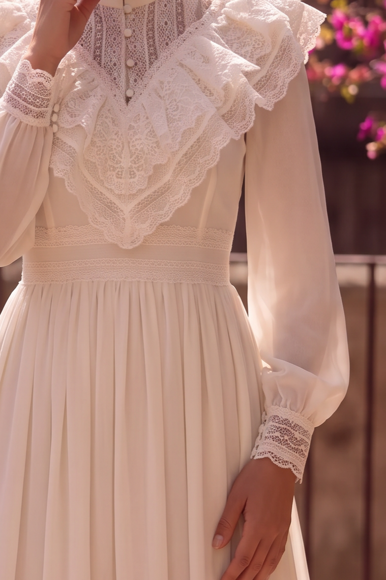 Vintage Gunne Sax Inspired Victorian White Maxi Dress with Lace Ruffle Collar Puff Sleeves High Neck Plus Size