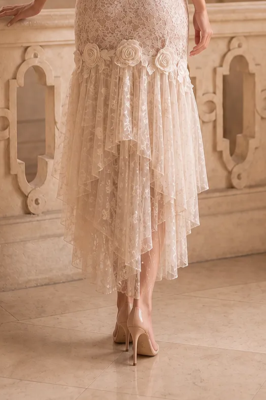 Vintage Lace Wedding Dress – 1920s Gatsby Ivory High Neck Flutter Sleeve Bridal Gown with Layered Skirt Plus Size