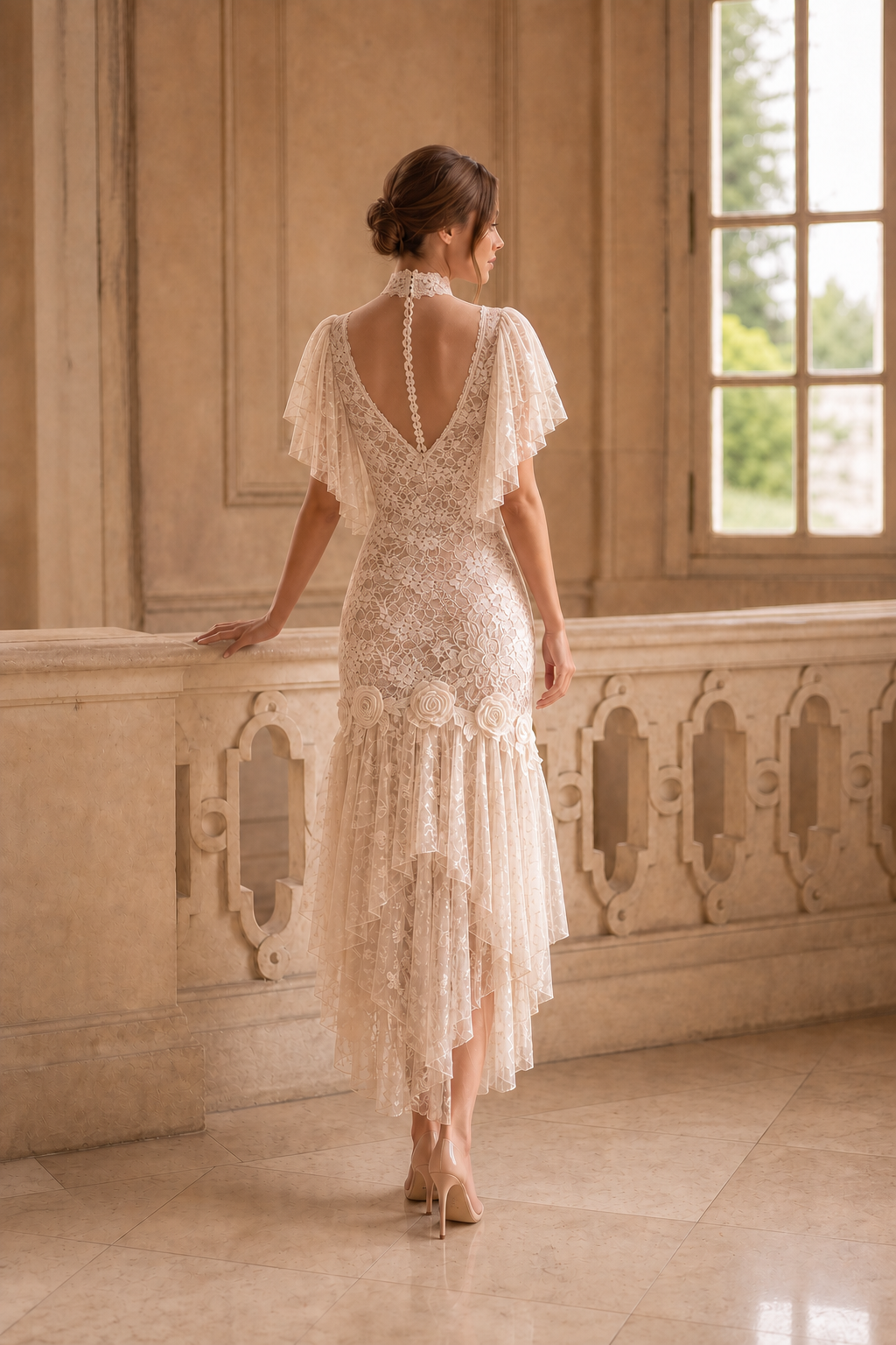 Vintage Lace Wedding Dress – 1920s Gatsby Ivory High Neck Flutter Sleeve Bridal Gown with Layered Skirt Plus Size
