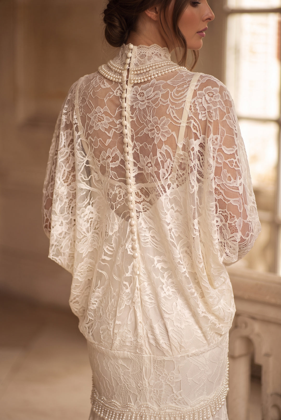 1920s Gatsby Vintage Lace Wedding Dress – Gatsby High Neck Long Sleeve Bridal Gown with Pearl Details and Lace Train Plus Size