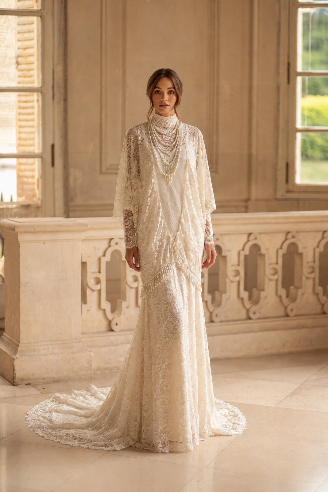 1920s Gatsby Vintage Lace Wedding Dress – Gatsby High Neck Long Sleeve Bridal Gown with Pearl Details and Lace Train Plus Size