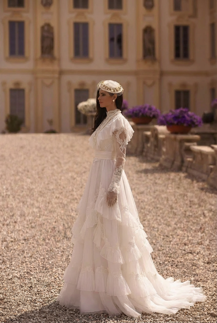 White Modest Lace Wedding Dress  - Vintage Victorian Wedding Dress - Gunne Sax Inspired