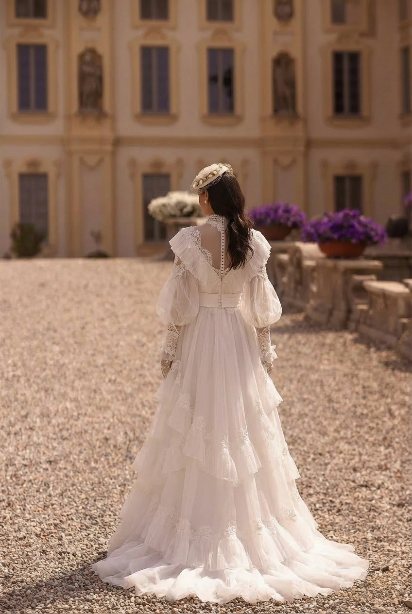 White Modest Lace Wedding Dress  - Vintage Victorian Wedding Dress - Gunne Sax Inspired