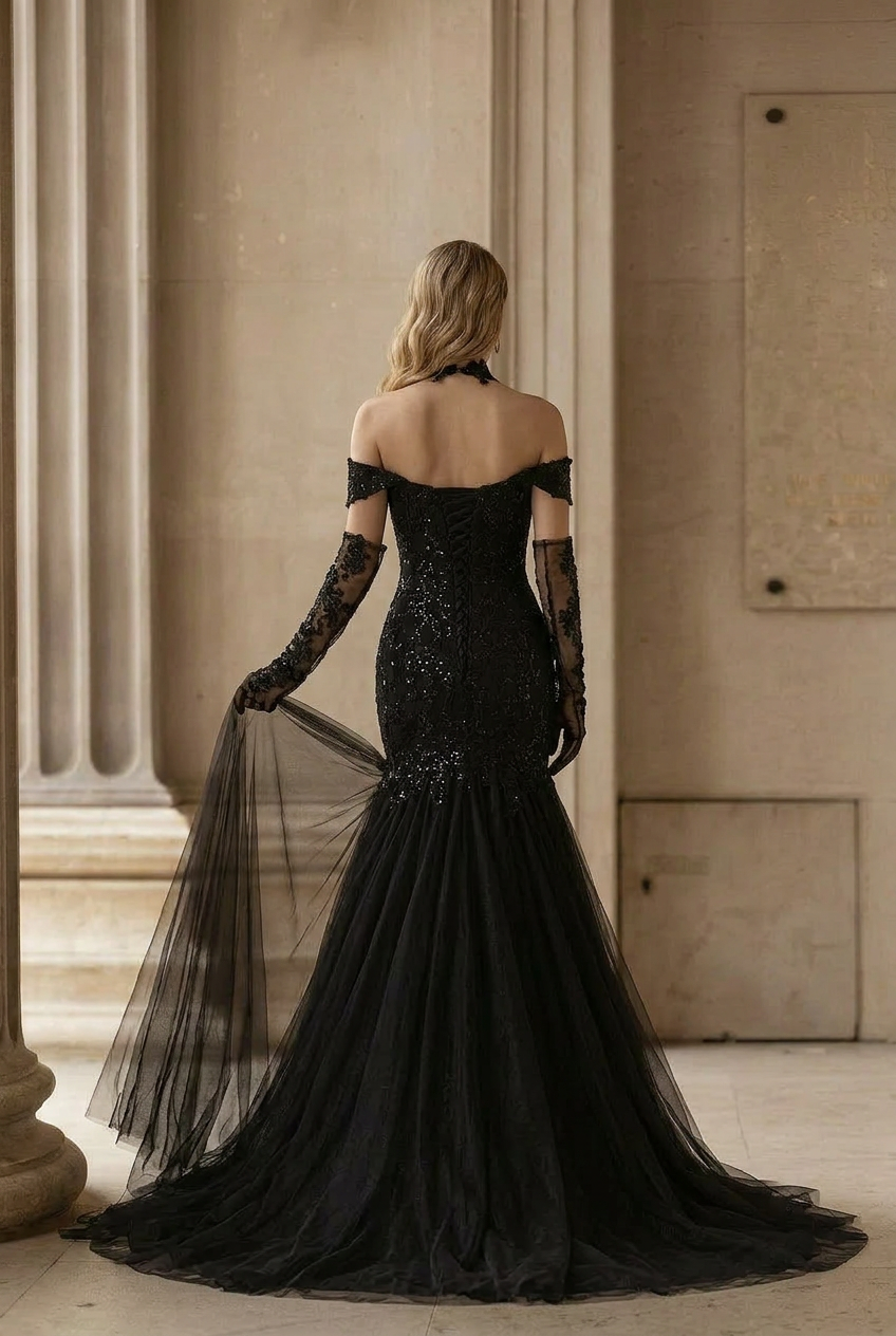 Vintage Inspired Gothic Black Lace Beaded Mermaid Wedding Dress Plus Size Size 22W / Black / With Choker +Gloves