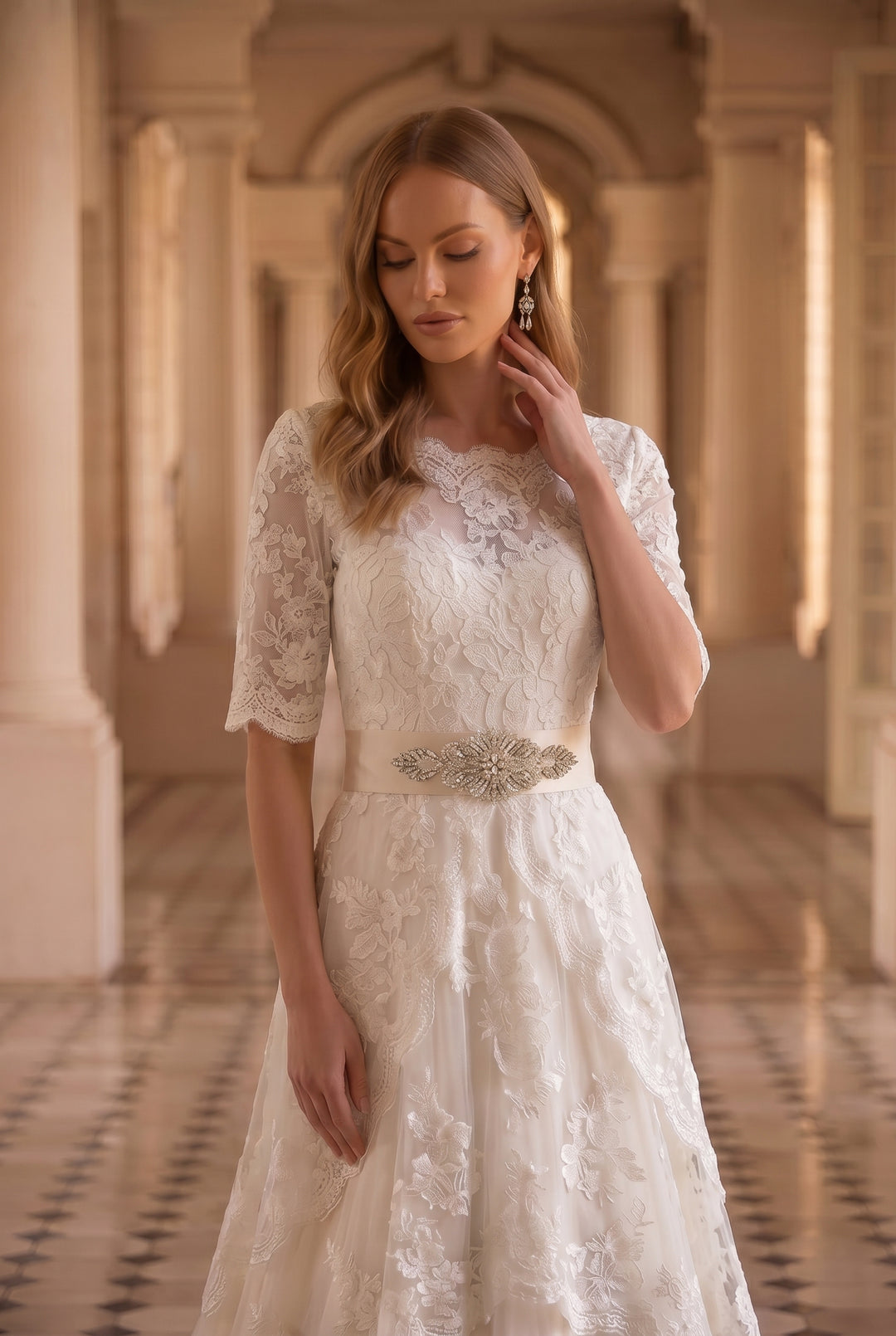 Modest Lace Wedding Dress With Sleeves - Vintage Lace