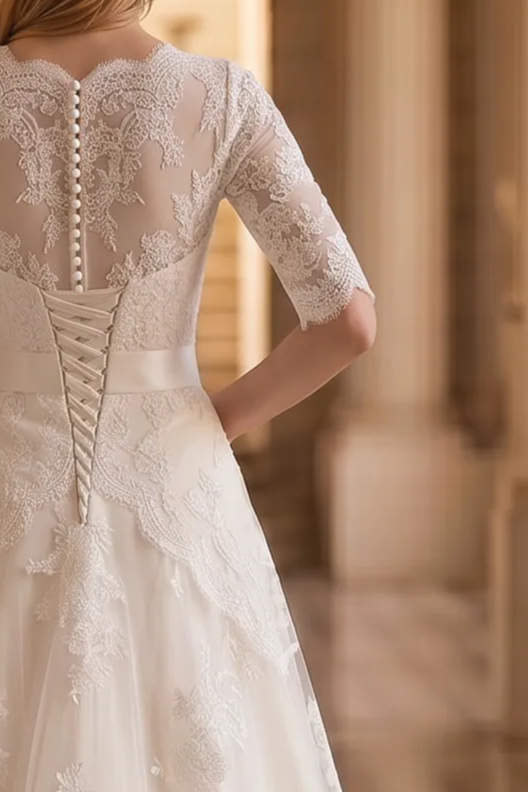 short lace wedding dress with sleeves vintage inspired White A Line Vintage Knee Length 3/4 Sleeve Lace Wedding Dresses, MW248