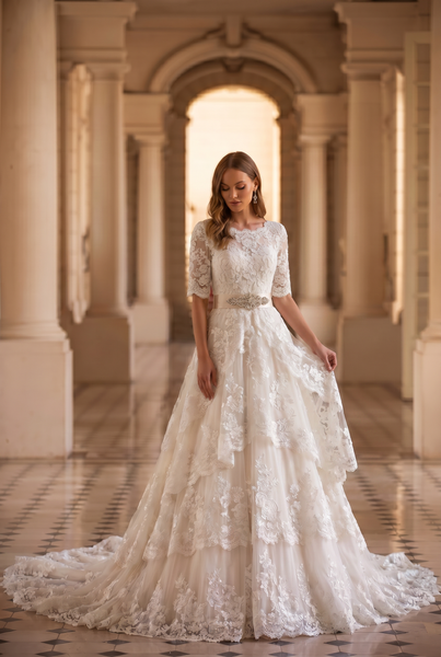 Modest Lace Wedding Dress With Sleeves - Vintage Lace