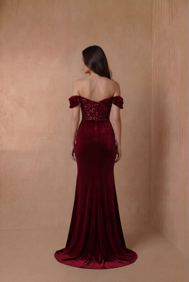 Vintage Inspired Off Shoulder Gothic Burgundy Beaded Velvet Formal Dress With High Slit - Plus Size