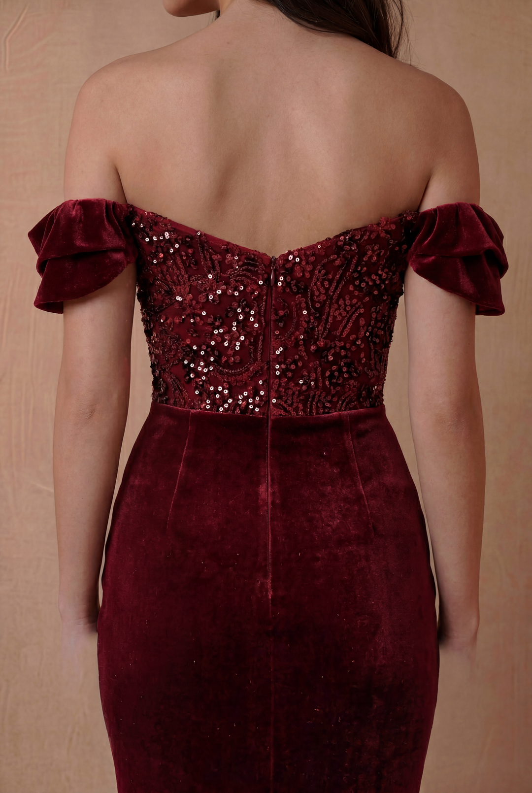 Vintage Inspired Off Shoulder Gothic Burgundy Beaded Velvet Formal Dress With High Slit - Plus Size
