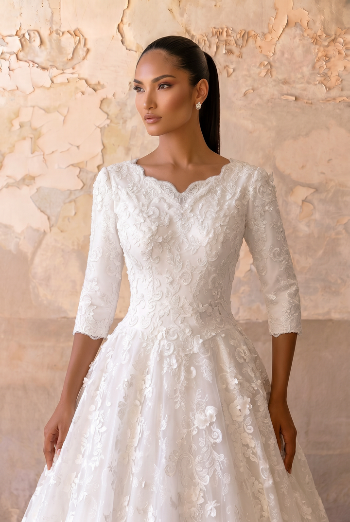 Vintage Lace Classic Modest Lace Ball Gown Wedding Dress with Sleeves  Plus Size