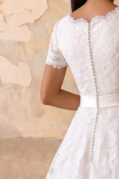 Vintage Lace Ready-to-Wear Modest Lace Wedding Dress with Short Sleeves Plus Size