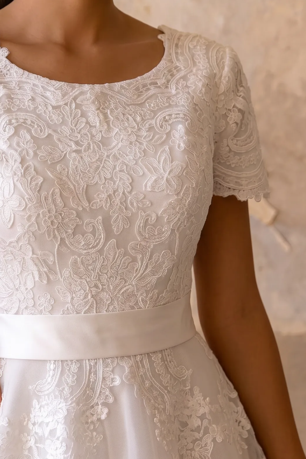Vintage Lace Ready-to-Wear Modest Lace Wedding Dress with Short Sleeves Plus Size