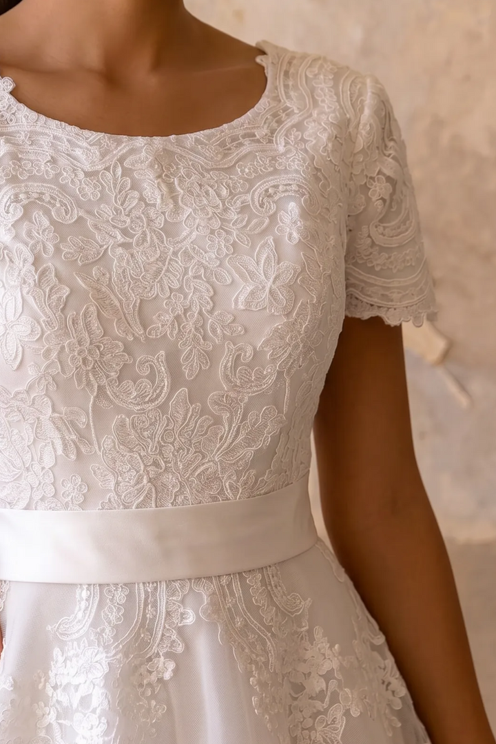 Vintage Lace Ready-to-Wear Modest Lace Wedding Dress with Short Sleeves Plus Size