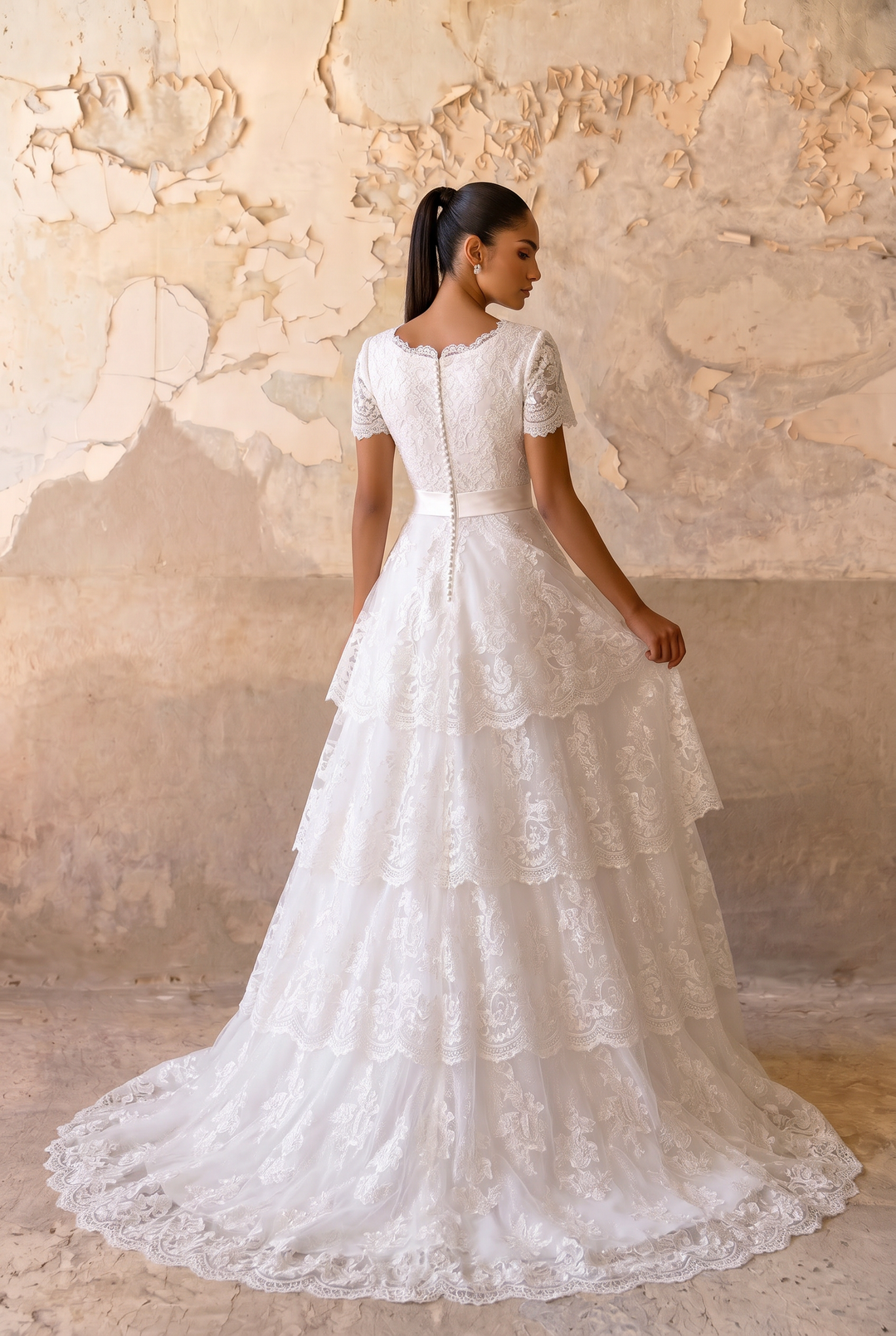Vintage Lace Ready-to-Wear Modest Lace Wedding Dress with Short Sleeves Plus Size