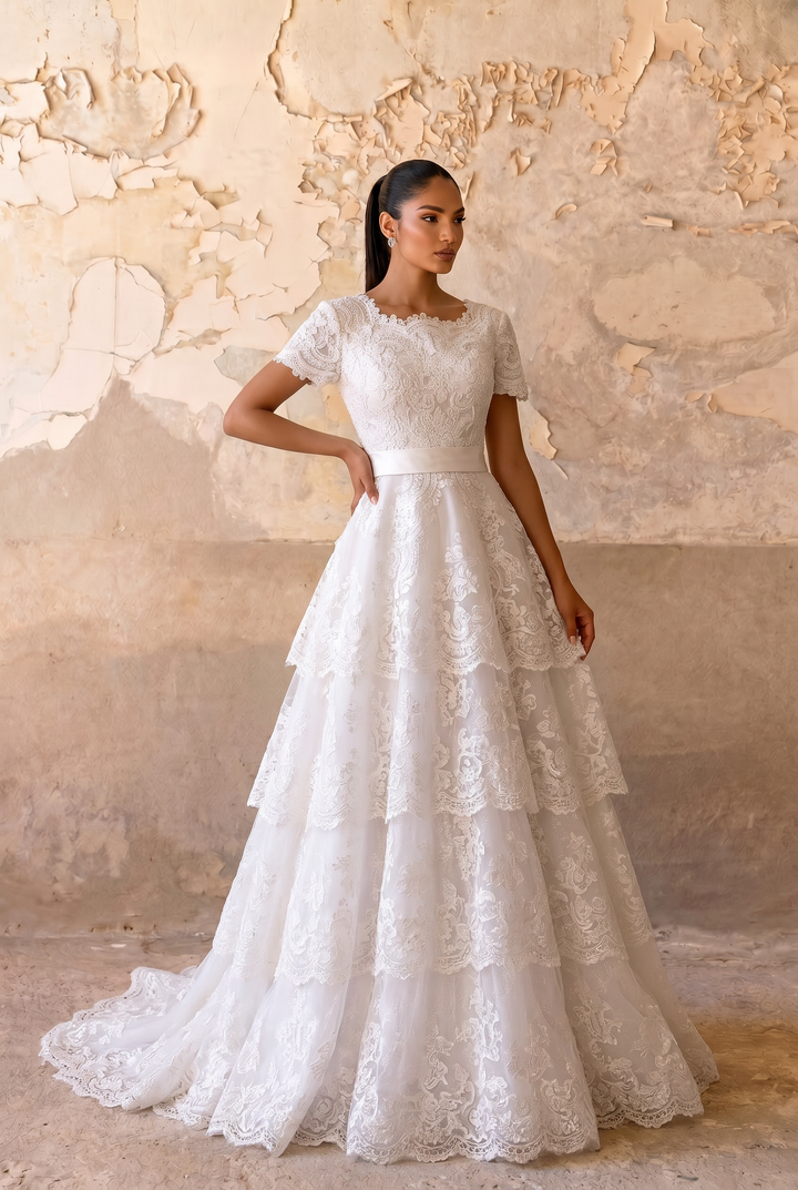 Vintage Lace Ready-to-Wear Modest Lace Wedding Dress with Short Sleeves Plus Size
