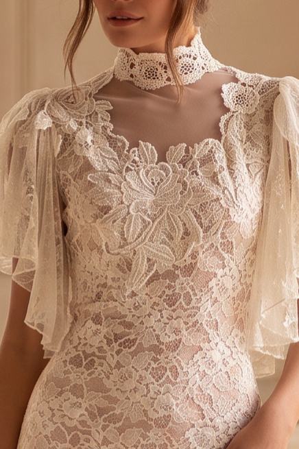 Vintage Lace Wedding Dress – 1920s Gatsby Ivory High Neck Flutter Sleeve Bridal Gown with Layered Skirt Plus Size