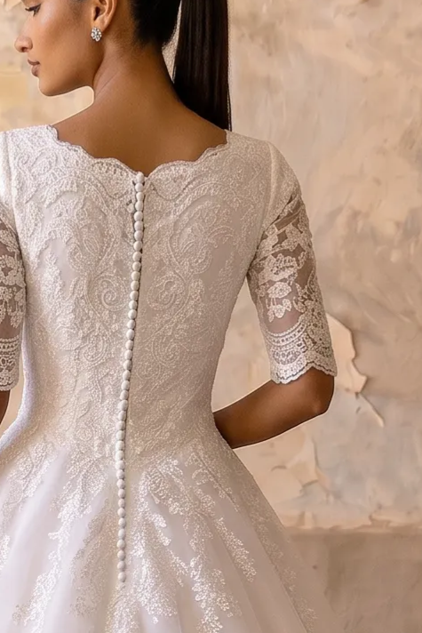 Vintage Style Lace Modest Ball Gown Wedding Dress with Short Sleeves  Plus Size