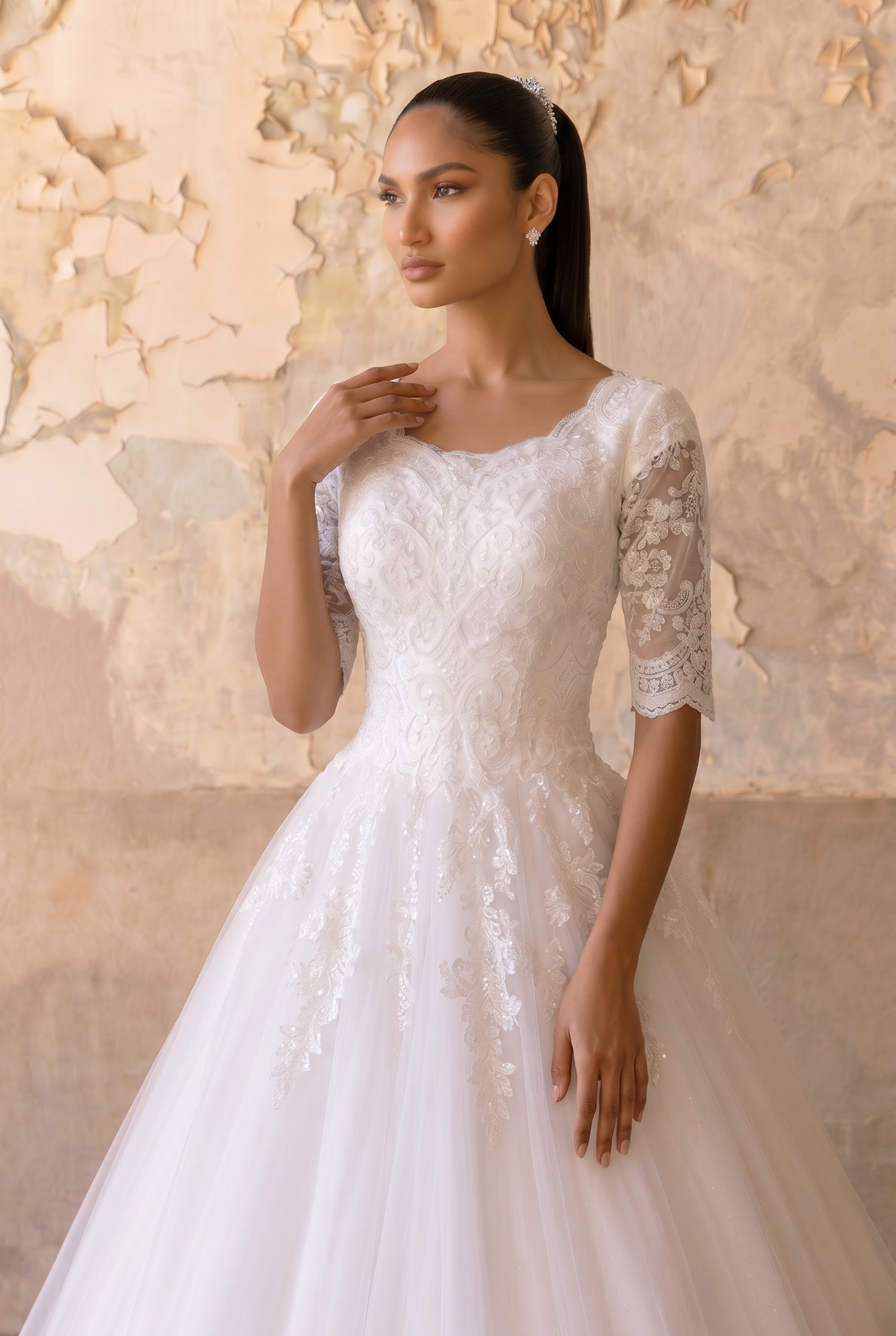 Vintage Style Lace Modest Ball Gown Wedding Dress with Short Sleeves  Plus Size