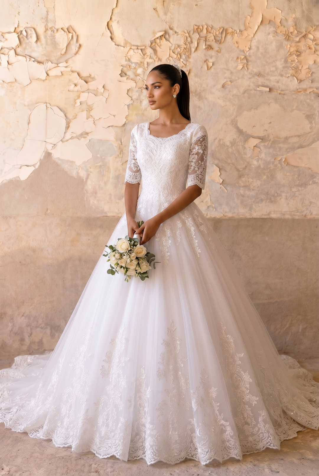 Vintage Style Lace Modest Ball Gown Wedding Dress with Short Sleeves Plus Size Vintage Style Lace Modest Ball Gown Wedding Dress with Short Sleeves Plus Size