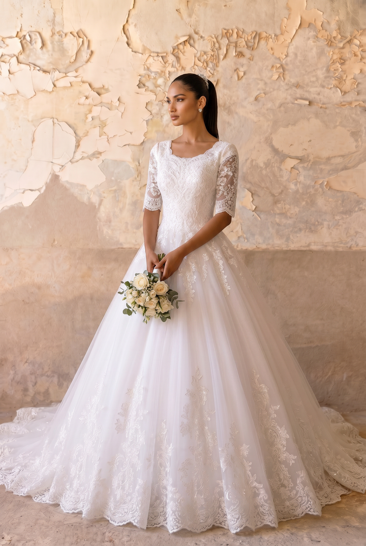 Vintage Style Lace Modest Ball Gown Wedding Dress with Short Sleeves  Plus Size